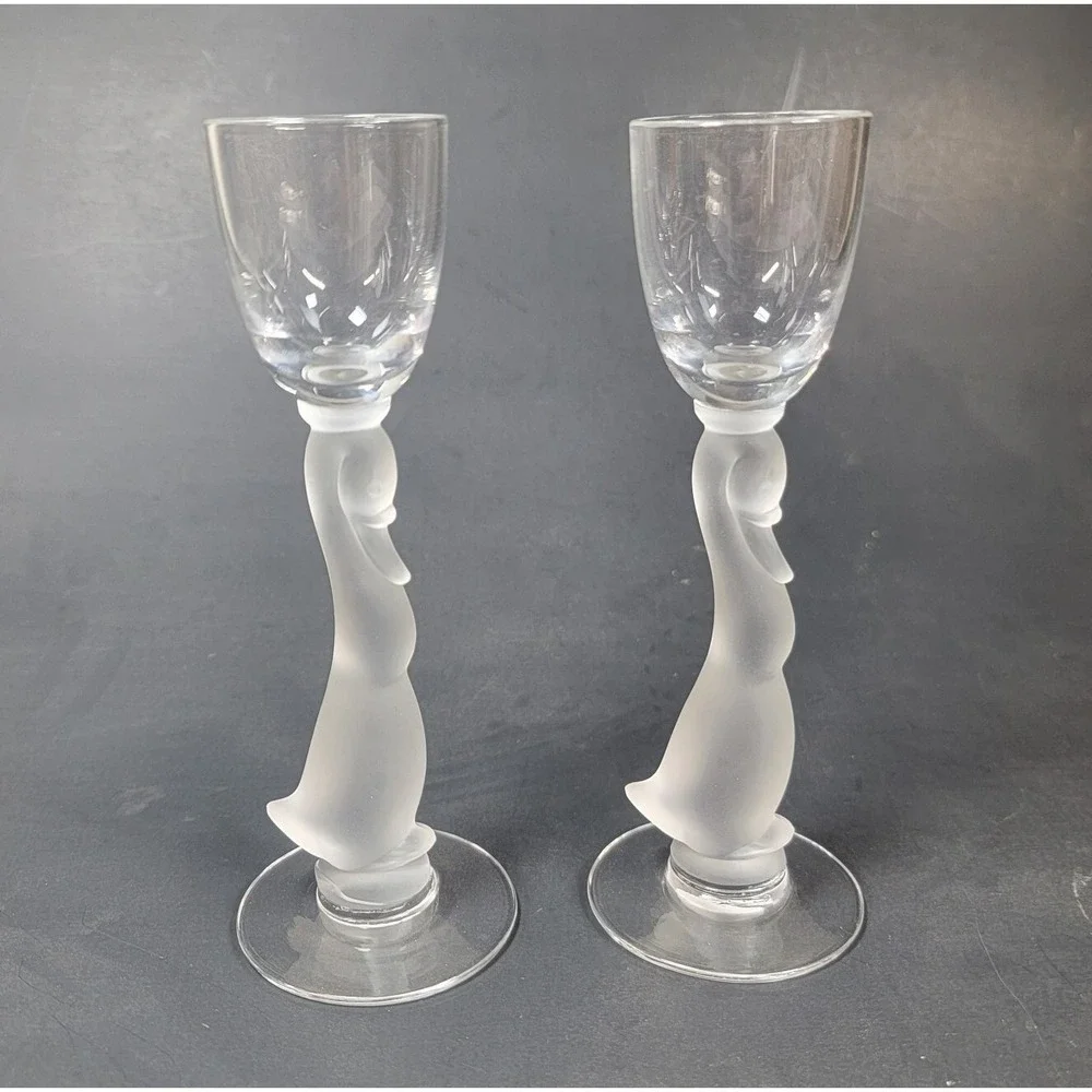 Heisey Glass 2 Frosted Goose Stem‎ Wine Glass 1940's Heisey Animals & Figurines